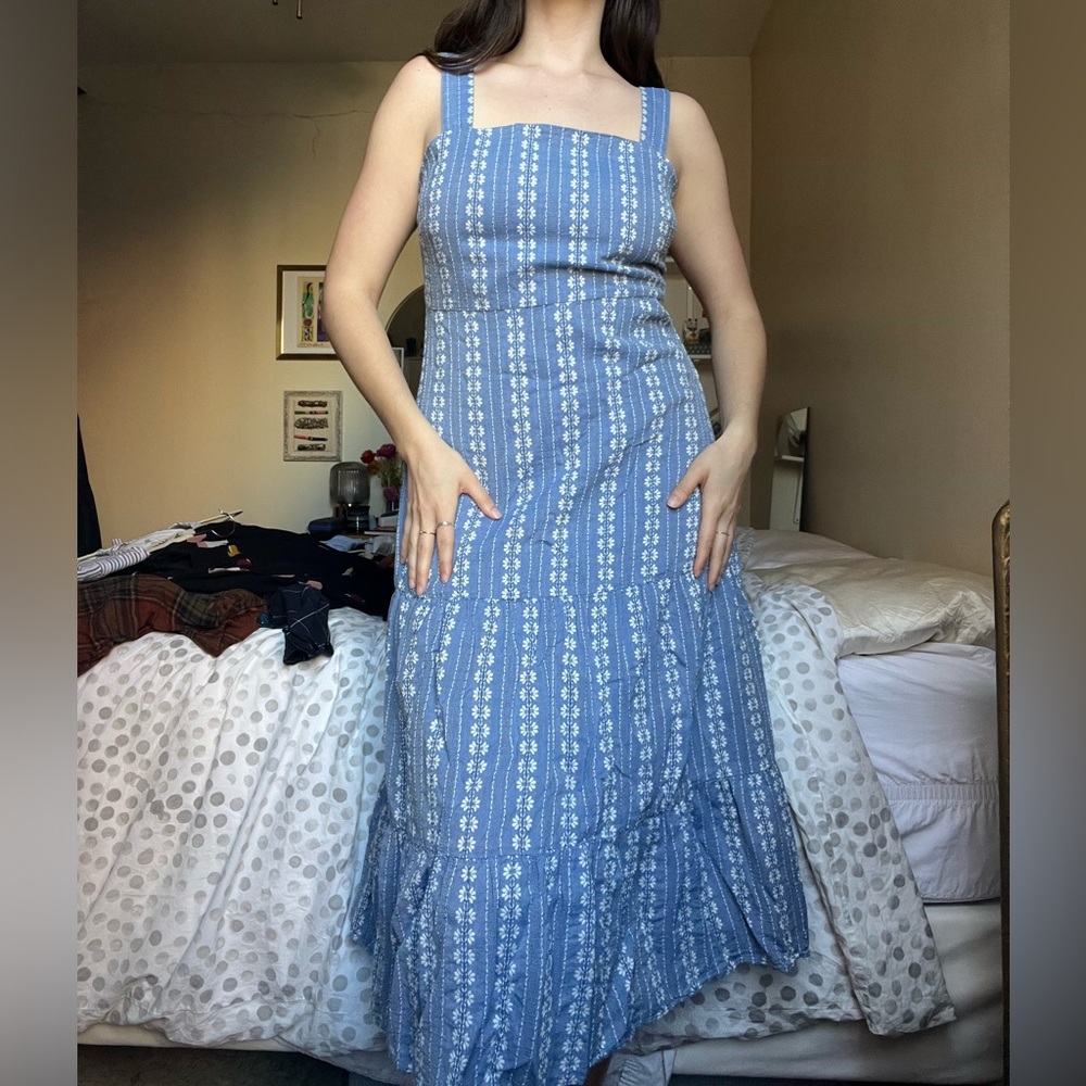 100% Cotton Blue Embroidered Spring Midi Madewell Dress